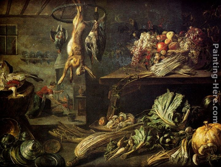 Adrian van Utrecht Kitchen Interior With Still Life, Maid By The Fire